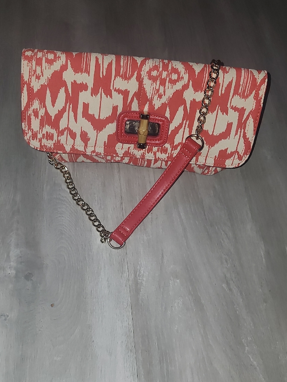 Chico's Coral Ikat Pattern Clutch with Crossbody Chain Strap